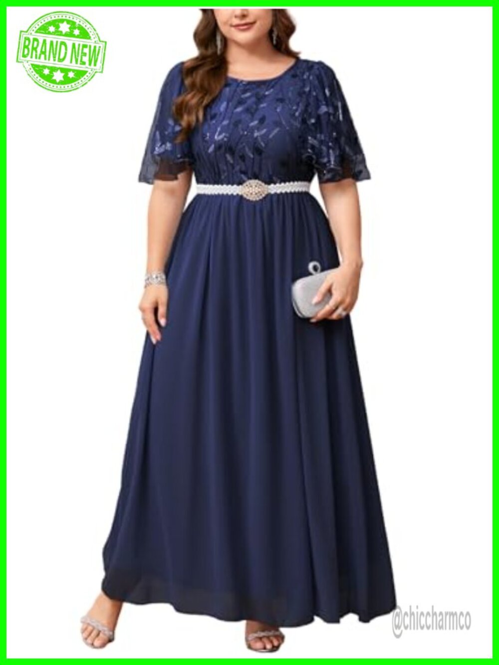 Plus Size Sequin Embroidery Formal Long Dress Pearl Belt Glitter A Line Prom